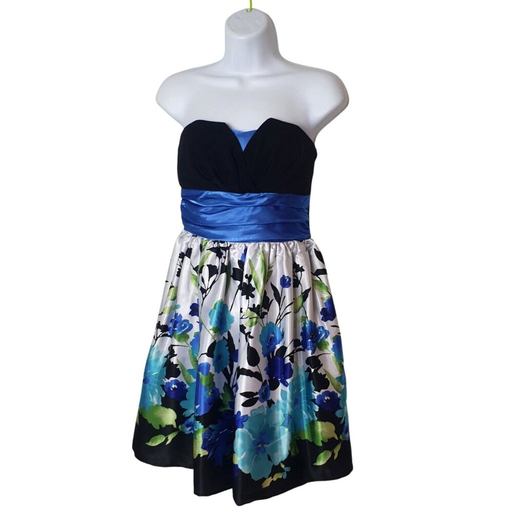 Trixxi Juniors Strapless Mini Dress S Black Blue Satin Floral Party Homecoming